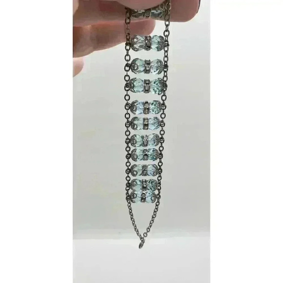 Vintage Ladder Bracelet 925 Sterling Silver Blue Crystal Clear Rhinestone Wide - Picture 4 of 12